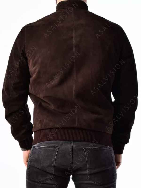 Dark Brown Suede Leather Bomber Jacket For Mens
