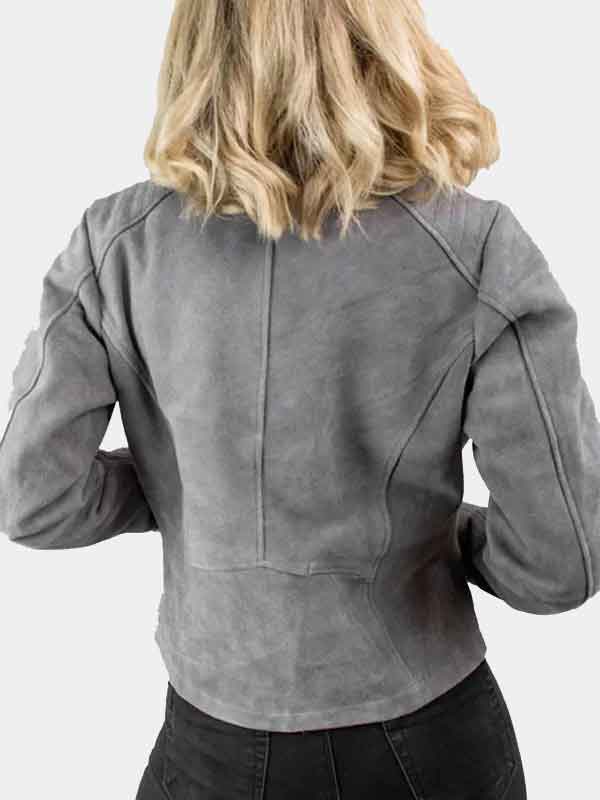 Grey Motorcycle Suede Leather Biker Jacket For Womens