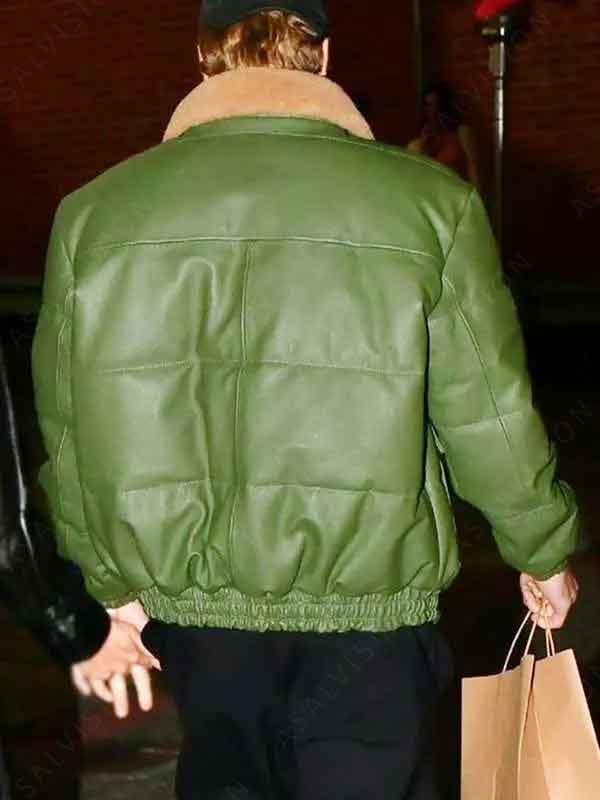 Justin Bieber Date Night Beverly Hills 2024 Green Bomber Fur Collar Leather Jacket