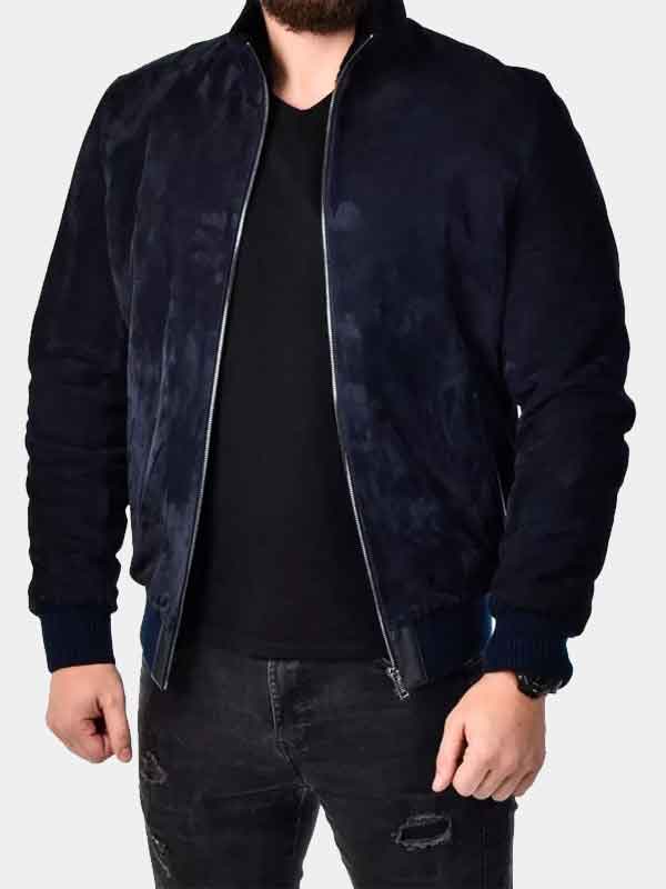 Mens Blue Suede Leather Bomber Stand Collar Jacket