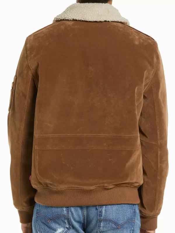 Mens Brown Bomber Suede Leather Jacket with Shearling Collar