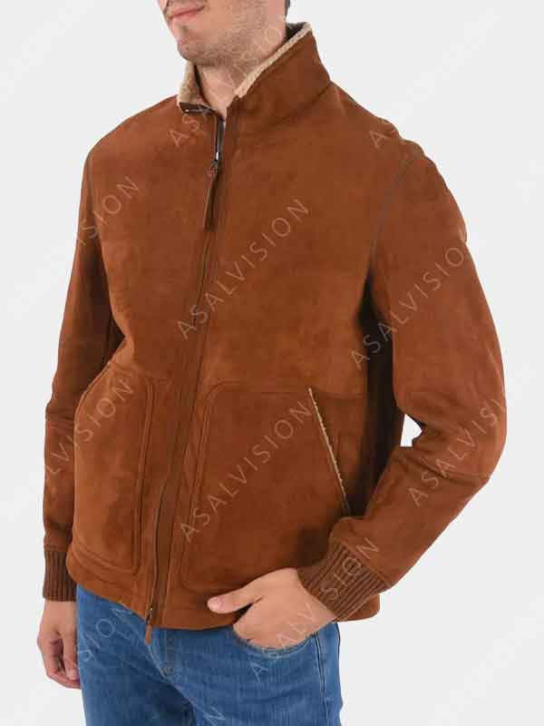 Mens Brown Sherpa Suede Leather Jacket