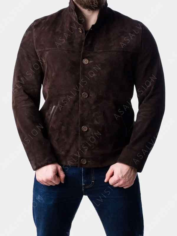 Mens Buttoned Up Dark Brown Suede Leather Jacket