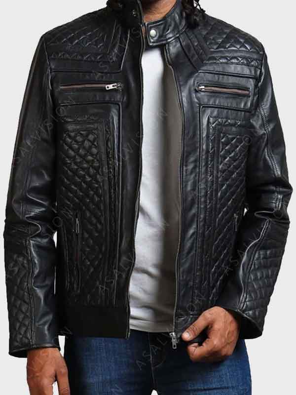 Men's Diamond Quilted Skull Black Leather Motorcycle Jacket
