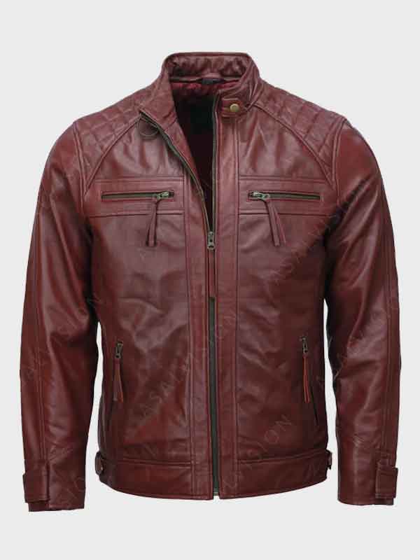 Men’s Maroon Cafe Racer Moto Leather Jacket