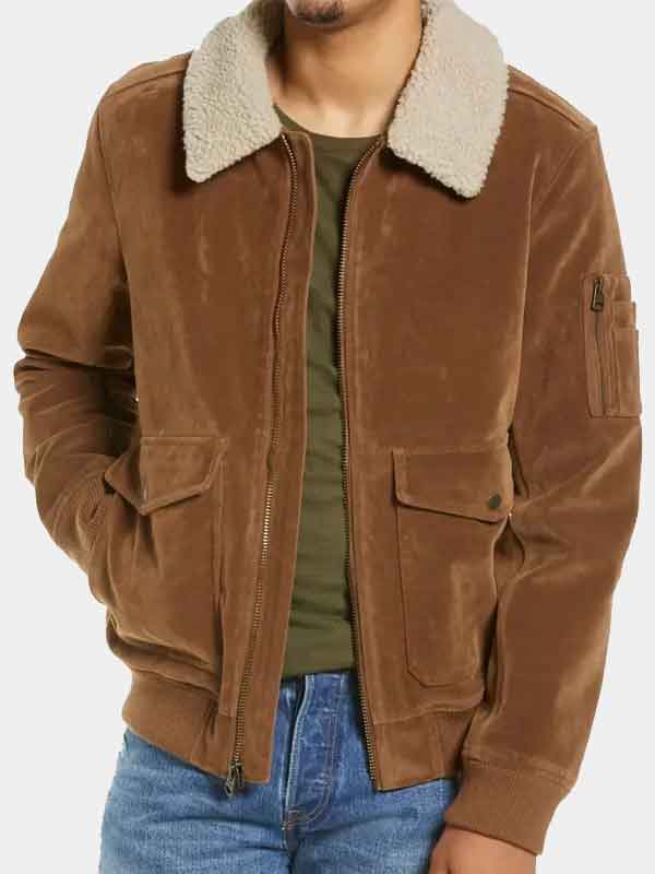 Mens Shearling Collar Suede Leather Bomber Jacket