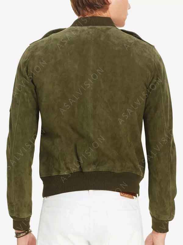 Mens Slim-Fit Olive Green Suede Leather Bomber Jacket