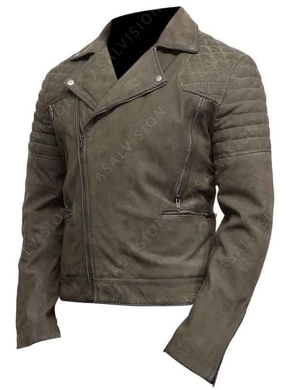 Mens Suede Leather Biker Motorcycle Zipper Jacket