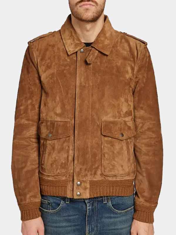 Mens Tan Brown Suede Leather Bomber Jacket