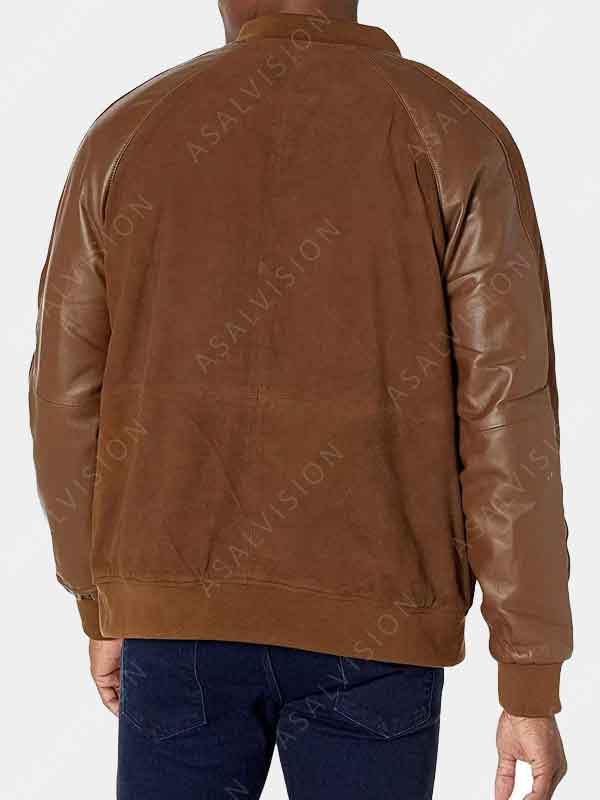 Mens Varsity-Style Bomber Jacket In Suede With Contrast Leather Sleeves