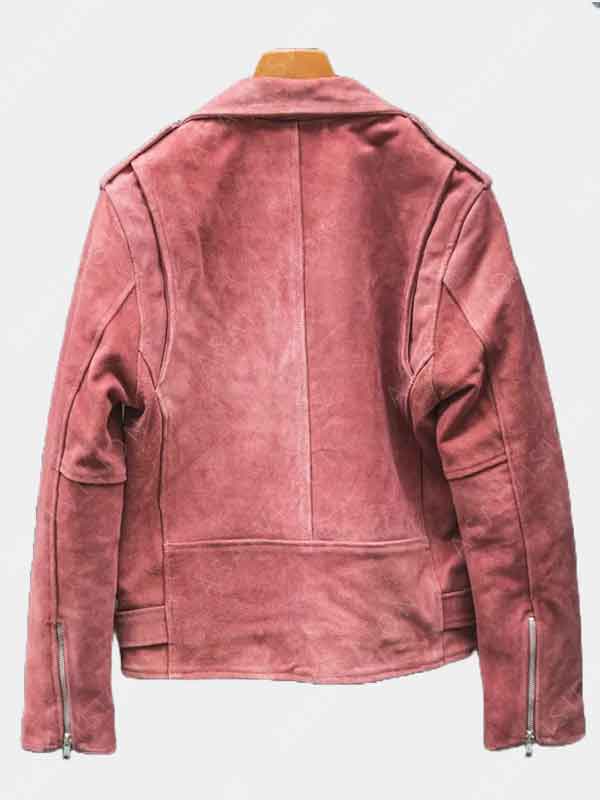 Pink Suede Leather Moto Biker Jacket For Womens