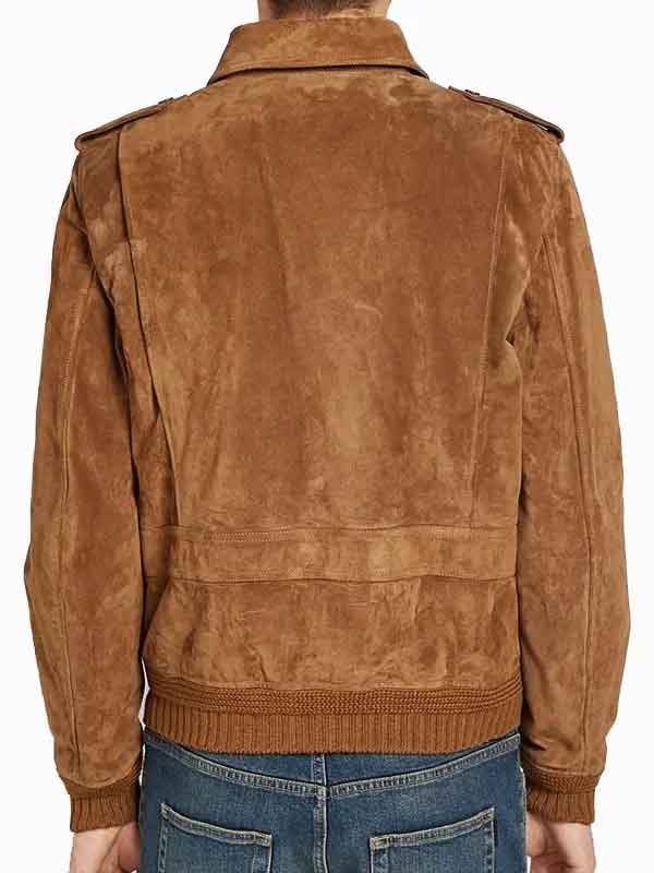 Shirt Collar Tan Brown Suede Leather Bomber Jacket For Mens