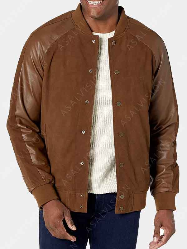 Varsity Style Bomber Jacket In Suede With Leather Sleeves