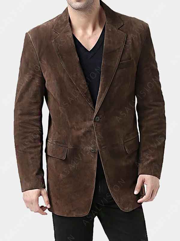 Vintage Chocolate Brown Suede Leather Blazer For Mens