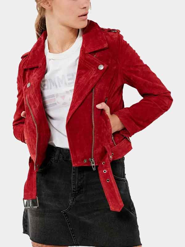 Womens Biker Red Suede Leather Jacket
