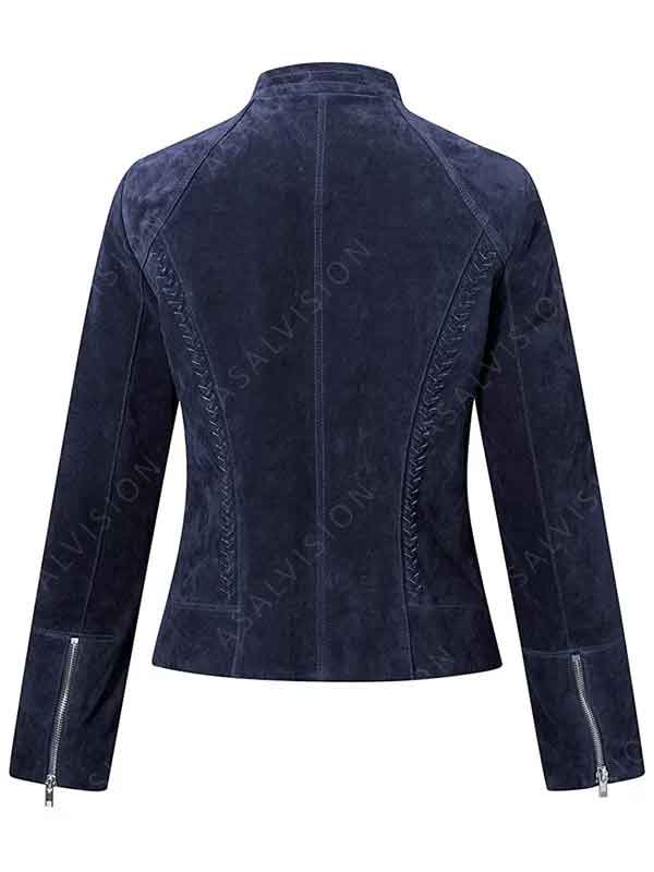 Women's Blue Suede Leather Moto Biker Jacket