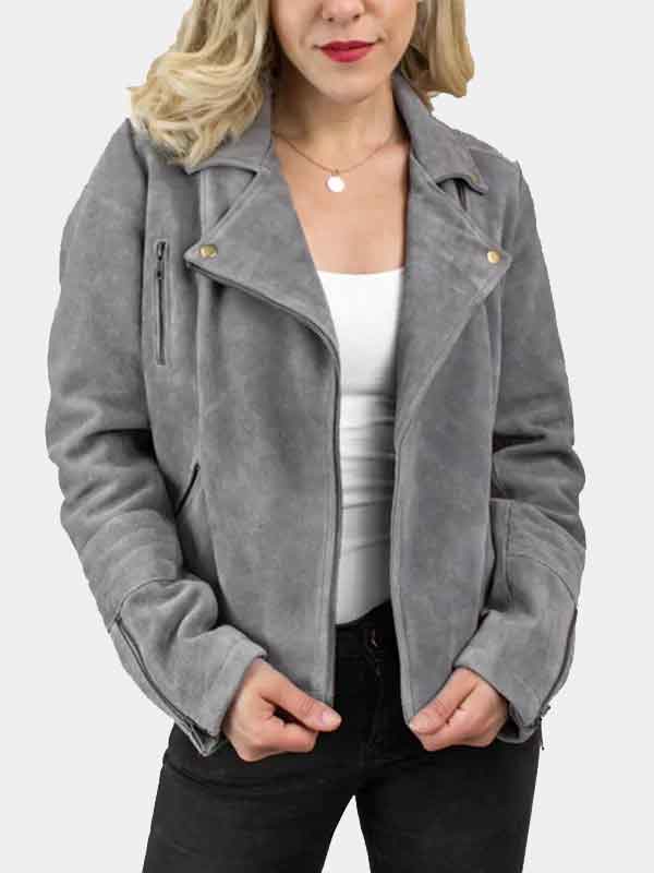 Womens Grey Suede Leather Biker Jacket