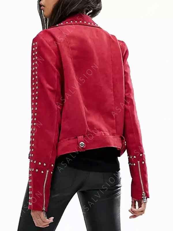Womens Handmade Red Studded Biker Suede Leather Jacket