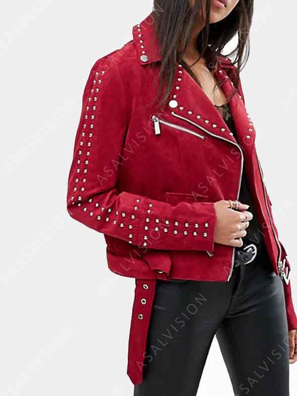 Womens Handmade Red Studded Suede Leather Jacket