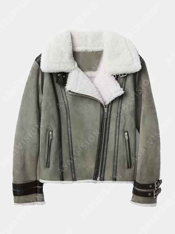 Womens Motorcycle Grey Suede Leather Shearling Jacket