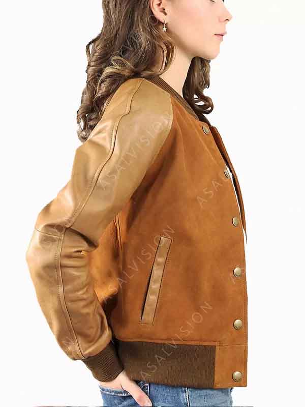 Womens Suede Varsity Jacket With Genuine Leather Sleeves